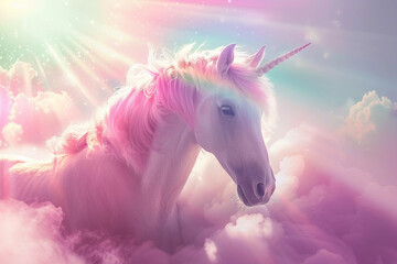 Naklejka premium Fantastically beautiful mythological pink unicorn with long horn