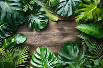 Fototapeta premium A wooden table topped with lots of green leaves