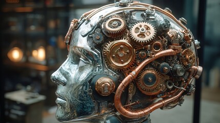 Obraz premium Industrial steampunk brain powered by visible gears and copper tubing 