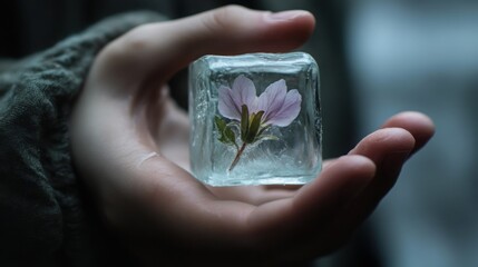 A person holding a small ice cube with a delicate flower frozen inside