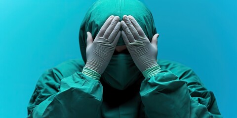 A person in surgical attire covers their face with hands, expressing distress or fatigue, against a teal background.