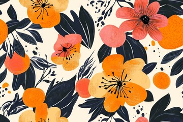 Artistic seamless pattern featuring abstract flowers and vibrant oranges unique botanical design ideal for wallpapers, textiles, digital art, and creative projects.