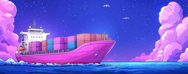 Obraz premium Colorful cargo ship sailing on vibrant ocean under a starry sky.