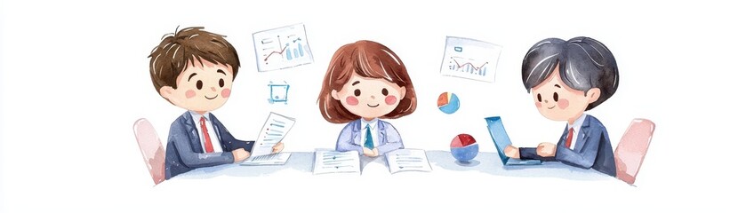 Three professionals collaborating in a meeting with charts and technology.