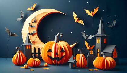 An origami Halloween background with pumpkins in a paper craft style