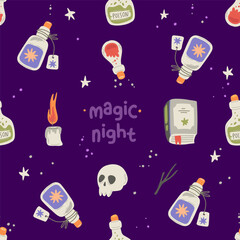 Cute Halloween pattern. Potion, spell book, skull