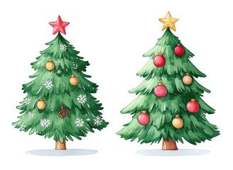 Fototapeta premium Two decorated Christmas trees, one with colorful ornaments and a star, the other adorned with red and gold baubles, symbolizing festive cheer.