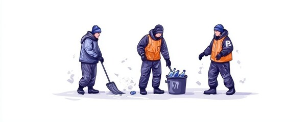Workers cleaning snow in winter, focused on their tasks in cold weather.