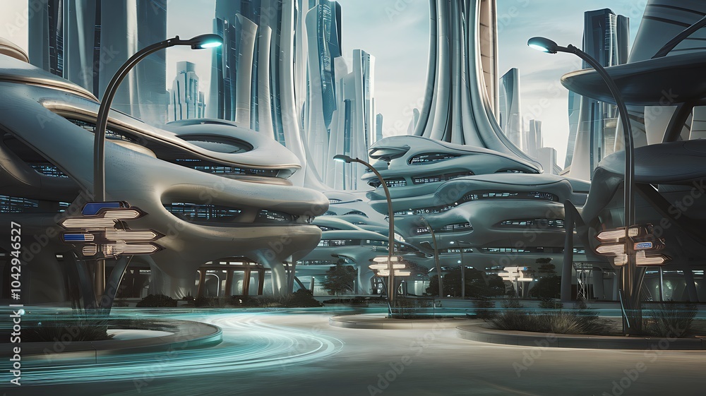 Poster exploring a futuristic cityscape with tall skyscrapers a glimpse into tomorrow's urban architecture 