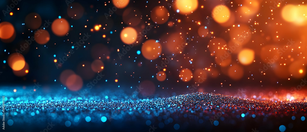Wall mural abstract background with sparkling blue and orange particles creating a dreamy atmosphere.