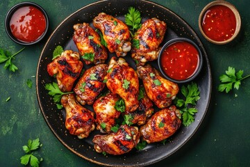 Fototapeta premium Grilled chicken wings on black plate. Perfect for food blogs, restaurant menus, or advertisements for chicken dishes.