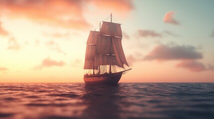 Obraz premium Sailing ship on calm waters at sunset, serene maritime scene