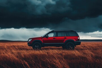 Fototapeta premium Red SUV parked in a field. Perfect for illustrating themes of adventure and exploration.