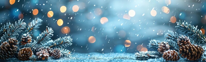 Fototapeta premium Pine cones sitting on a snowy surface with lights in the background, christmas background, banner, copy space