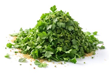 Obraz premium Dry parsley and crushed cilantro pile isolated on white background