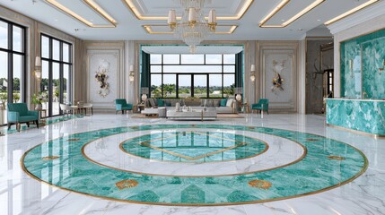 Luxurious Living Room with Green Marble Floor and Golden Accents