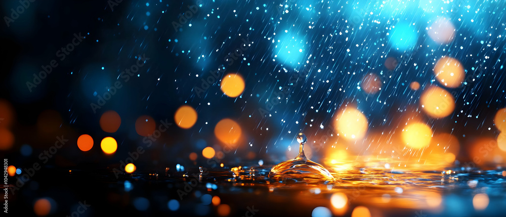 Poster abstract water droplets creating a splash with colorful bokeh lights in the background.