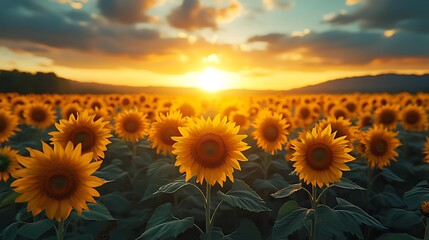 Fototapeta premium A vast field of sunflowers basking in the golden glow of a setting sun, with mountains in the distance and a vibrant sky.