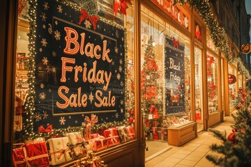 Holiday-Themed Storefront Sale: A storefront decked out with holiday decorations and large "Black Friday Sale" posters hanging in the windows