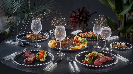 Naklejka premium A captivating surreal dining experience with sparkling drinks and exquisite dishes in an enchanting setting