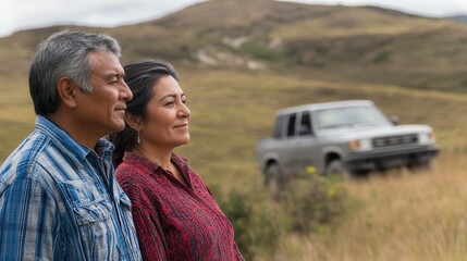 Happy middle aged latino couple (headshot, profile view) in journey standing near their car in a hilly area, looking into the distance. Active aging, Travel, journey, overlanding concept.