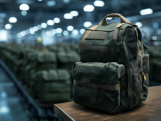 A sturdy green backpack resting on a wooden table in a spacious warehouse filled with similar bags in the background.