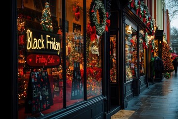 Obraz premium Holiday-Themed Storefront Sale: A storefront decked out with holiday decorations and large 