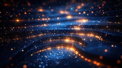 Abstract blue waves with glowing particles and lights.