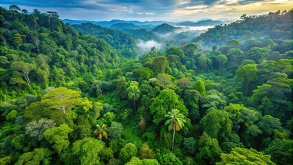 Fototapeta premium Lush rainforest landscape with dense greenery and rich biodiversity aerial view