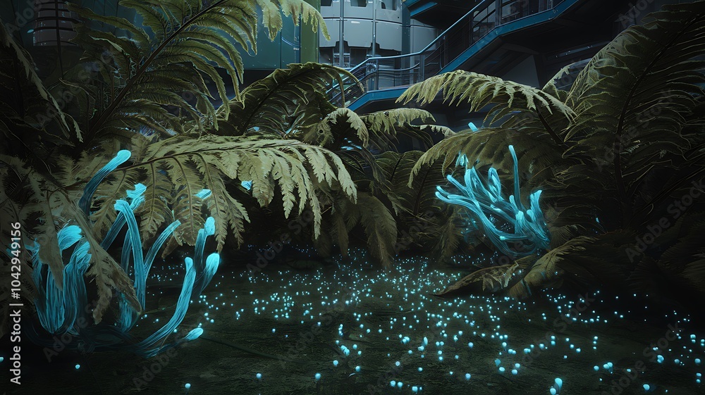 Aufkleber exploring a prehistoric forest a mystical encounter with lush ferns and bioluminescent flora in a fu