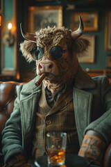 Obraz premium A bull in a stylish jacket and glasses smokes a cigar in a bar