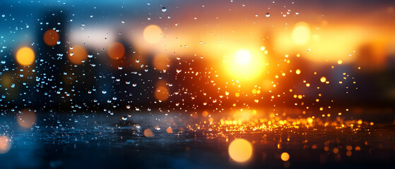 Fototapeta premium Stunning sunset view with raindrops on a window, creating a beautiful bokeh effect over a city skyline.