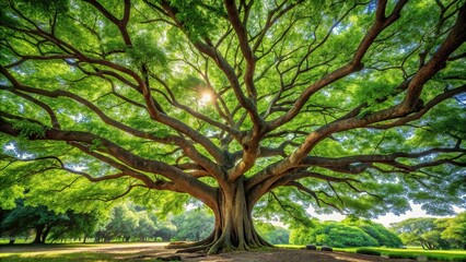 Fototapeta premium Lush tree with green leaves at a tilted angle