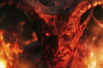 Scary sinister devil is in hell with dramatic fire lighting on the background