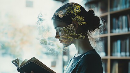 Natural double exposure, A woman reading in a library, her mind represented as a swirling mix of nature and abstract ideas, highlighting her intelligence and quest for knowledge.
