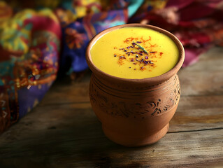 A traditional clay cup filled with vibrant yellow beverage, surrounded by colorful fabrics and rustic wooden background.