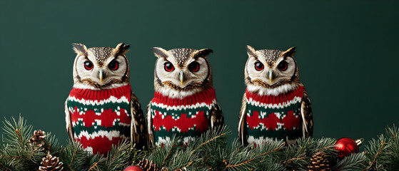 Three festive owls in holiday sweaters perched on pine branches, creating a charming seasonal scene.