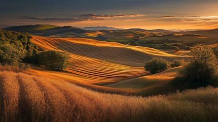Obraz premium A scenic view of distant hills illuminated by the sunset, casting long shadows across the peaceful fields.