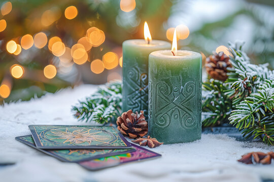 Two green candles burning near tarot cards celebrating yule winter solstice