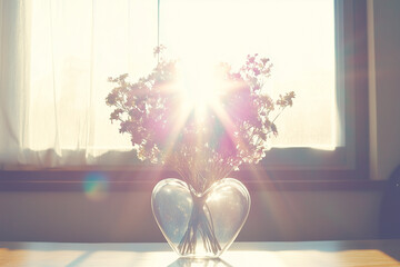 Heart Shaped Vase with Sunlight and Flowers