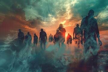 Fototapeta premium Scary sinister zombie wandering in street with lighting on Halloween