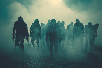Fototapeta premium Scary sinister zombie wandering in street with lighting on Halloween