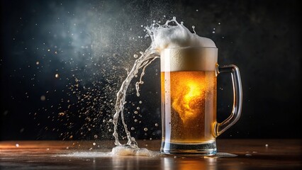 Dynamic splash of draft beer in tall frosted mug