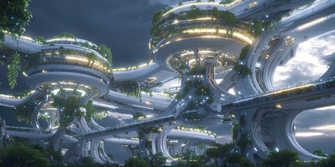 Futuristic Megastructure with Rotating Sections and Bioluminescent Lights, Ultra-Detailed Digital Illustration