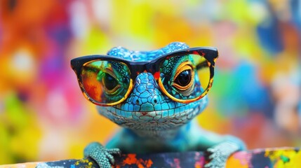 Fototapeta premium Colorful chameleon with hipster glasses on vibrant background