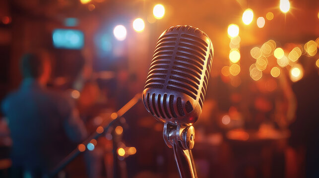 close up of vintage microphone with blurred crowd in background, creating lively atmosphere. warm lights enhance excitement of performance