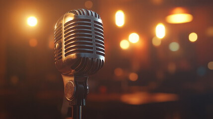 close up of microphones metal grille, showcasing its intricate design and vintage style, set against warm, atmospheric background. scene evokes sense of nostalgia and creativity
