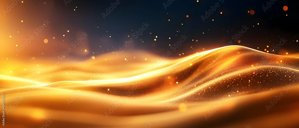 Poster abstract golden waves with sparkling particles on a dark background, creating a mesmerizing and dyna