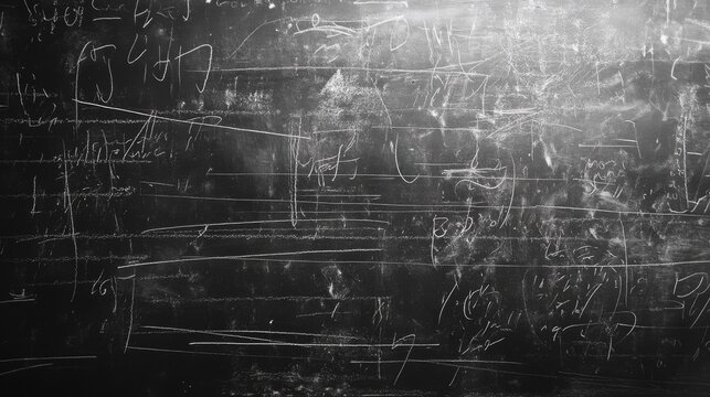 A close-up of a blackboard covered in white chalk scribbles and equations. - Powered by Adobe