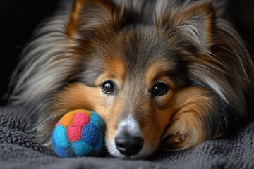 Fototapeta premium Sheltie Dog: Cute Pet Shetland Sheepdog Playing with Toy Ball